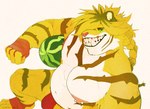 5_fingers anthro bedroom_eyes belly blonde_hair bulge clothed clothing fingers food fruit fur green_sclera grin hair hair_over_eye high-angle_view holding_object kemono looking_at_viewer male melon musclegut muscular muscular_anthro muscular_male narrowed_eyes navel nipple_piercing nipples one_eye_obstructed piercing plant red_clothing red_underwear seductive sharp_teeth simple_background sitting smile solo striped_body stripes teeth topless underwear watermelon white_background white_body white_fur yellow_body yellow_fur raynejaywright samedragontime lifewonders tokyo_afterschool_summoners macan_(tas) felid mammal pantherine tiger 2024 hi_res