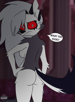 anthro black_body black_fur breasts butt female fur grey_body grey_fur looking_at_viewer looking_back multicolored_body multicolored_fur nude nude_female red_sclera solo speech_bubble walk-in white_body white_fur thedispenser69 hellaverse helluva_boss mythology loona_(helluva_boss) canid canid_demon canine canis demon hellhound mammal mythological_canine mythological_creature wolf absurd_res hi_res watermark
