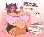 anthro antlers belly big_belly big_breasts blush breasts clothed clothing cupcake curvy_figure fangs female food fur hair horn huge_breasts hyper hyper_breasts navel overweight overweight_anthro overweight_female pink_hair purple_hair red_eyes simple_background solo stuffing teeth text thick_thighs umbris_(umbris7) voluptuous wide_hips doxxyl capri_(doxxyl) umbris_(character) cervine deer domestic_cat felid feline felis mammal digital_media_(artwork) english_text hi_res