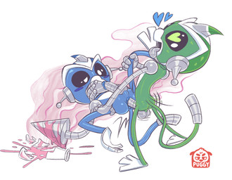 anal balls blush broken_glass cybernetics dripping duo gas genitals glass heart_eyes heart_symbol liquid machine male male/male penis tongue_hanging_out puggy super_robot_monkey_team_hyperforce_go gibson_(srmthfg) otto_(srmthfg) cyborg haplorhine mammal monkey primate robot