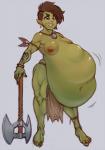 axe battle_axe belly big_belly bottomwear brown_eyes brown_hair clothing double_bitted_axe fangs female female_pred green_body green_skin hair jewelry loincloth melee_weapon nipple_piercing nipples not_furry nude pendant piercing smile solo teeth vore weapon bronzebanana humanoid orc hi_res