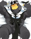 2020 anthro balls barazoku black_body black_fur black_nose blush bodily_fluids erection fur generation_8_pokemon genitals hi_res hyaku_(artist) kemono legendary_pokemon lying male muscular muscular_anthro muscular_male nintendo penis pokemon pokemon_(species) rapid_strike_style_urshifu solo sweat urshifu