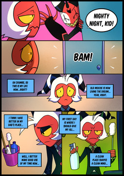 bathroom cleaning_tool clenched_teeth dialogue door_slam duo freckled_face freckles glistening_eyelids male necktie sad simple_background smile tear_trough teeth text kato777 hellaverse helluva_boss blitzo_(helluva_boss) moxxie_(helluva_boss) demon demon_humanoid humanoid imp absurd_res comic english_text hi_res