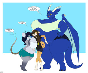 5_fingers 5_toes anthro belly belly_overhang big_belly big_breasts black_claws black_hair black_nose blue_body blue_eyebrows blue_eyes blush bottomwear breasts brown_eyes brown_hair claws cleavage clothed clothing eyebrow_piercing eyebrows facial_piercing feet female fingers fur gloves_(marking) grey_body grey_claws grey_fur group hair horn huge_breasts larger_female leg_markings male markings obese obese_anthro obese_female open_mouth overweight overweight_anthro overweight_female piercing pink_nose pink_tongue sharp_teeth shirt shorts size_difference smaller_male socks_(marking) tail tan_body tan_fur tan_horn teal_wings teeth text toes tongue topwear trapped trapped_between_bellies trio white_claws wings yellow_eyes day-tripper-guy mythology blue_(day-tripper-guy) isaac_(day-tripper-guy) jackeline_(day-tripper-guy) canid canine canis domestic_dog dragon mammal mouse murid murine mythological_creature mythological_scalie rodent scalie 2022 6:5 absurd_res english_text hi_res