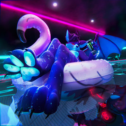 2_horns 4_toes anthro beverage can claws container duo dutch_angle energy_drink feet foot_focus glowing glowing_eyes hair holding_can holding_container holding_object horn inflatable inner_ear_fluff inside leviathan_cross looking_at_viewer machine male membrane_(anatomy) membranous_wings neon pawpads paws pool_party pool_toy protogen_face protogen_visor purple_body purple_hair red_eyes red_sclera short_hair smile smiling_at_viewer striped_legs swimming teal_body teal_pawpads toe_wiggle toes tuft waterline_view wet wet_body wings jizzyfox jizzyfox_(modeler) smashingrenders_(modeler) monster_energy jizzy_fox_(jizzyfox) shane_(vincead) canid canine fox mammal protogen 2026 3d_(artwork) absurd_res digital_media_(artwork) hi_res watermark