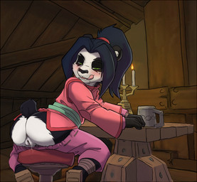 anthro blush bodily_fluids butt clothing crouching drunk female fur genital_fluids genitals green_eyes hair leaning leaning_forward loli open_mouth smile solo substance_intoxication tongue vaginal_fluids vulva young young_anthro domovoi_lazaroth blizzard_entertainment warcraft li_li_stormstout bear mammal pandaren digital_media_(artwork) shaded