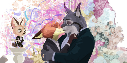 anthro digit_ring duo fiorella flower jewelry kissing male male/male plant priest ring size_difference wedding wedding_ring disney zootopia finnick_(zootopia) nick_wilde pawbert_lynxley canid canine felid feline fox lynx mammal 2:1 hi_res