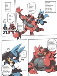 3:4 black_body black_fur blue_body blue_fur bodily_fluids comic dialogue duo english_text fur generation_4_pokemon generation_7_pokemon green_eyes hard_translated hi_res incineroar kneeling lucario male nintendo panel_skew pokemon pokemon_(species) pu_sukebe red_body red_eyes red_fur shaking sitting standing tears teeth text third-party_edit translated yellow_body yellow_fur