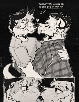 2_panel_comic anthro blush blush_lines bodily_fluids close_up_panel clothing dialogue duo eye_contact eyewear freckled_face freckles glasses heart_symbol hug intimate kissing looking_at_another male male/male nose_to_nose nuzzling pattern_clothing pattern_shirt pattern_topwear plaid plaid_clothing plaid_shirt plaid_topwear saliva saliva_string shirt sky standing star starry_sky t-shirt tail text topwear tuft littlearrowdog canid canine canis domestic_dog mammal comic english_text hi_res monochrome