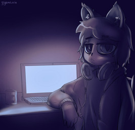 big_eyes chair clothed clothing computer container cup electronics eyebrow_through_hair eyebrows furniture hair half-closed_eyes headphones headphones_around_neck hoodie inner_ear_fluff inside jacket laptop looking_at_viewer male mug narrowed_eyes on_chair open_clothing open_hoodie open_jacket open_topwear shirt sitting sitting_on_chair solo table text three-quarter_view tired topwear translucent translucent_hair tuft zipper justbirb dagaz_(justbirb) animal_humanoid cat_humanoid felid felid_humanoid feline feline_humanoid humanoid mammal mammal_humanoid artist_name digital_media_(artwork) hi_res krita_(artwork)