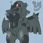 1:1 anthro anthrofied areola big_breasts black_body black_skin blue_eyes breasts cleavage clothed clothing dragon english_text erect_nipples female generation_5_pokemon genitals grey_body grey_skin hi_res horn legendary_pokemon looking_down membrane_(anatomy) membranous_wings mythological_creature mythological_scalie mythology navel nintendo nipple_slip nipples non-mammal_breasts nude pokemon pokemon_(species) pokemorph posexe presenting pussy red_sclera scalie simple_background solo sound_effects standing surprise text thick_thighs under_boob watermark wide_hips wings zekrom
