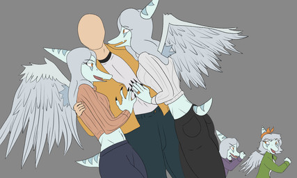 alternate_costume alternate_universe anthro bald biped black_bottomwear black_clothing black_pants blue_body bone_frill bottomwear breasts canon_couple claws clothed clothed_anthro clothed_female clothed_human clothed_male clothing digit_ring feathered_wings feathers female finger_claws fingers fist frill_(anatomy) grey_background grey_body grey_bottomwear grey_clothing grey_feathers grey_hair grey_pants group hair hand_on_belly happy human_on_anthro interspecies jacket jewelry long_hair looking_at_another male male/female male_human markings medium_breasts navel non-mammal_breasts non-mammal_navel open_mouth open_smile orange_eyes pants ring romantic romantic_couple short_tail side_hug simple_background small_waist smile standing striped_markings stripes sweater tail tan_clothing tan_sweater tan_topwear topwear wedding_ring white_clothing white_sweater white_topwear wings yellow_clothing yellow_jacket_(clothing) yellow_topwear young young_anthro young_female wolf_fang4 cavemanon_studios goodbye_volcano_high ko_op_(game_developer) snoot_game amber_(snoot_game) anon_(snoot_game) fang_(gvh) human mammal prehistoric_species pterodactylus pterosaur reptile scalie 2025 colored crossover hi_res daughter_(lore) father_(lore) father_and_child_(lore) father_and_daughter_(lore) mother_(lore) mother_and_child_(lore) mother_and_daughter_(lore) parent_(lore) parent_and_child_(lore) parent_and_daughter_(lore)