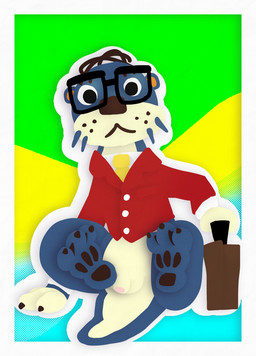3_fingers 3_toes abstract_background anthro blue_body blue_fur bottomless brown_hair claws clothed clothing collared_shirt colorful_background comb_over eyewear feet finger_claws fingers foot_fetish foot_focus fur genitals glasses hair looking_at_viewer male membrane_(anatomy) necktie pawpads penis red_clothing red_suit shirt sitting small_penis solo suit suitcase tan_body tan_fur toe_claws toes topwear wearing_glasses webbed_feet whisker_spots whiskers white_clothing white_shirt white_topwear yellow_necktie waso_mu animal_crossing nintendo lyle_(animal_crossing) mammal mustelid otter 2026 digital_drawing_(artwork) digital_media_(artwork) hi_res