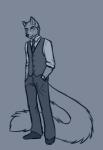 anthro blue_background clock clothed clothing hand_in_pocket hands_in_both_pockets long_tail looking_at_viewer male necktie pockets simple_background solo standing suit tail topwear vest watch wristwatch catwolf flynn_shepard canid canine canis fox hybrid mammal wolf 2014 black_and_blue monochrome