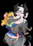 anthro belly black_hair black_spots blonde_hair bottomwear breast_squish breasts carrying_another carrying_partner cleavage clothed clothing curvy_figure duo eyes_closed eyewear female female/female fur glasses grey_body grey_fur hair horn long_hair long_tail multicolored_hair pants shirt slightly_chubby spots squish tail tank_top text text_on_clothing text_on_shirt text_on_tank_top text_on_topwear thick_thighs topwear two_tone_hair voluptuous white_body white_fur white_hair wide_hips chalo las_lindas alejandra_coldthorn tootsie bovid bovine cattle holstein_friesian_cattle mammal mouse murid murine rodent alpha_channel colored