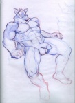 2005 abs anthro balls biceps biped blue_body blue_fur canid canine canis flaccid fur genitals looking_at_viewer lying male mammal muscular muscular_anthro muscular_male nipples nude on_back pecs penis poop_(artist) pose sitting sketch solo wolf