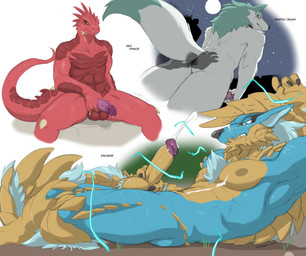 ambiguous_gender anthro anthrofied balls black_nose blue_body blue_eyes blue_fur bodily_fluids butt butt_grab cum cum_on_chest cum_on_face cum_on_own_chest cum_on_own_face cum_on_self cumshot dipstick_tail disembodied_hand duo ejaculation electricity electricity_manipulation electrogenesis electrostimulation elemental_manipulation erection full_moon fur genital_fluids genitals ghost_hand glans green_body green_fur green_hair grey_body grey_fur grey_inner_ear grey_nipples hair half-closed_eyes hand_behind_back hand_behind_head hand_on_butt holding_own_penis holding_penis humanoid_genitalia humanoid_penis looking_down low-angle_view lying male male/ambiguous markings masturbation moon multicolored_tail muscular muscular_male narrowed_eyes night nipples non-mammal_balls non-mammal_nipples nude on_back orgasm penile penile_masturbation penis pink_penis precum purple_glans rear_view red_glans scales silhouette simple_background sitting solo solo_focus spread_legs spreading sweat tail tail_markings text white_background yellow_balls yellow_body yellow_fur yellow_penis yellow_scales zerofox1000 brand_new_animal capcom divinity:_original_sin_2 divinity_(series) monster_hunter studio_trigger shirou_ogami the_red_prince canid canine canis fanged_wyvern lizard lizard_(divinity) lizardman mammal reptile scalie wolf zinogre 2020 english_text hi_res multiple_images
