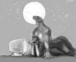 2022 anthro anthro_on_anthro anthro_penetrated anthro_penetrating anthro_penetrating_anthro biped canid canine claws custapple digital_media_(artwork) distracted distracted_sex duo electronics finger_claws full_moon grey_background greyscale hi_res interspecies larger_anthro larger_male lizard looking_at_monitor male male/male male_penetrated male_penetrating male_penetrating_male mammal monitor monitor_lizard monochrome moon muscular muscular_anthro muscular_male outside_sex penetration reptile scalie sex simple_background size_difference smaller_anthro smaller_male star