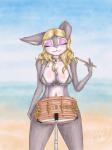 beach big_breasts bikini blonde_hair blush breasts clothing collar countershading drum eyeliner female hair hammer_and_sickle makeup micro_bikini musical_instrument navel percussion_instrument pink_eyeliner seaside skimpy_bikini solo standing string_bikini swimwear two-piece_swimsuit iaguara_bishop mestra_bebe lagomorph leporid mammal rabbit hi_res