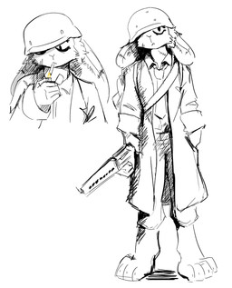 anthro antlers armor barefoot bottomwear cigarette clothed clothing coat feet female fire floppy_ears fully_clothed gun hand_in_pocket headgear helmet holding_gun holding_object holding_ranged_weapon holding_weapon horn lighter looking_at_viewer one_eye_obstructed pants pockets ranged_weapon scar simple_background smoking solo standing topwear weapon white_background the-minuscule-task rimworld jay_loska hybrid hyena jackalope lagomorph leporid mammal rabbit 2021 greyscale hi_res monochrome