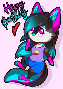 alternative_fashion anthro birthday blue_body blue_fur blush bottomwear chibi clothing cupcake female food fur gift hair long_hair magenta_fur scene_(fashion) scene_haircut shirt shorts solo tank_top topwear volodyanocturne yozora canid canine canis mammal wolf hi_res