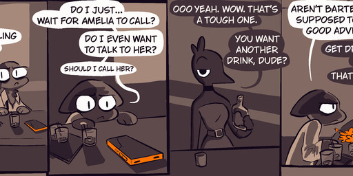 alcohol anthro beverage bored bouquet cellphone dialogue duo electronics female male phone smartphone speech_bubble text worried vanilla_candy amelia_is_calling avian bird domestic_cat felid feline felis mammal comic english_text hi_res restricted_palette