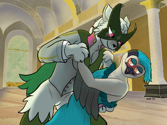 ambiguous_gender anthro ballroom bedroom_eyes blush cape clothing dancing duo female female/female frilly hair narrowed_eyes one_shoulder_dress pillar ponytail seductive shaved_sides window otterwolfashe nintendo pokemon decidueye generation_7_pokemon generation_9_pokemon meowscarada pokemon_(species) 4:3 hi_res