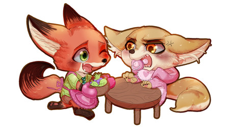 4_fingers angry anthro barefoot big_ears big_eyes big_head blush bottomwear chibi claws clothed clothing dipstick_ears dipstick_tail duo ear_markings feet fingers food fruit fully_clothed furniture gloves_(marking) grape green_eyes handwear holding_object kneeling looking_at_another male markings mittens multicolored_ears multicolored_tail necktie one_eye_closed open_mouth open_smile orange_eyes pacifier plant shirt shorts simple_background sitting smile table tail tail_markings tongue toony topwear white_background wink disney zootopia finnick_(zootopia) nick_wilde canid canine fennec_fox fox mammal red_fox true_fox 16:9 2016 widescreen