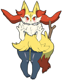 anthro black_body black_fur blush claws featureless_crotch female fur happy inner_ear_fluff looking_at_viewer nude red_eyes simple_background smile solo standing stick thigh_gap tuft white_background white_body white_fur yellow_body yellow_fur chiji nintendo pokemon braixen canid canine generation_6_pokemon mammal pokemon_(species) 2015 full-length_portrait hi_res portrait