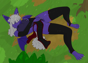 anthro armwear black_clothing breast_play breasts claws clitoral clitoral_rubbing clothing dirt elbow_gloves exposed face_in_breasts female finger_claws forest genitals gloves grass hair handwear leaf legwear lying masturbation mole_under_eye ninja nipples on_back on_ground plant purple_body purple_nipples purple_nose purple_vulva roots solo tail thigh_highs toe_claws translucent translucent_clothing tree under_shade vulva warrior white_hair white_tail crytonic bat mammal hi_res