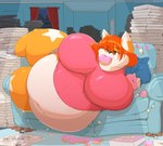 anthro belly big_belly brown_eyes dessert doughnut female food fur furniture furniture_damage hair huge_thighs inside living_room lying morbidly_obese morbidly_obese_anthro morbidly_obese_female navel newspaper obese obese_anthro obese_female on_side orange_body orange_fur orange_hair overweight overweight_anthro overweight_female pastry sofa solo stuffing thick_thighs weight_gain white_body white_fur garuda_six kim_(|-super-|) canid canine fox mammal