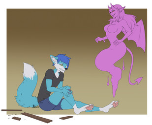 ambiguous_gender anthro blue_body blue_fur blue_hair breasts bruised crossgender duo feet female fur hair horn male pawpads sitting spade_tail tail wings wounded narusewolf canid canine demon fox ghost humanoid hybrid mammal spirit succubus digital_drawing_(artwork) digital_media_(artwork)