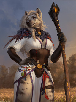 5_fingers anthro biped bottomwear breasts brown_body brown_eyes brown_fur brown_hair brown_tail claws clothed clothed_anthro clothed_female clothing cloud female finger_claws fingers front_view fully_clothed fully_clothed_anthro fully_clothed_female fur hair hand_on_hip hand_on_own_hip holding_object holding_staff outside sky solo staff standing tail topwear ariesredlo hyena mammal 2025 3:4 digital_drawing_(artwork) digital_media_(artwork) hi_res