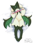 ambiguous_gender anthro blush claws finger_claws fur green_body green_fur pawpads red_eyes solo domiskebet nintendo pokemon generation_9_pokemon meowscarada pokemon_(species) hi_res