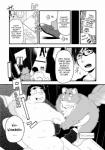 anthro canid canine comic demon dialogue english_text greyscale group hi_res human kira_nerisu male male/male mammal monochrome obese overweight raccoon_dog tanuki tecfront text translated