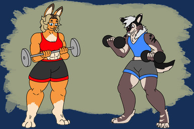 3_toes 4_toes 5_fingers abs anthro arms_bent barbell black_bottomwear black_clothing black_shorts black_tail blonde_hair blue_clothing blue_crop_top blue_eyes blue_shirt blue_topwear bottomwear bra breasts brown_body brown_ear_tips brown_eyebrows brown_fur brown_hair cheek_tuft closed_smile clothed clothed_anthro clothed_female clothed_male clothing crop_top dipstick_ears duo ear_markings exercise eyebrows eyelashes facial_tuft feet female fingers fully_clothed fully_clothed_anthro fully_clothed_female fully_clothed_male fur green_background grey_bottomwear grey_clothing grey_shorts hair holding_barbell holding_weights larger_anthro larger_female long_ears long_hair male medium_breasts midriff mouth_closed multicolored_body multicolored_ears multicolored_fur multicolored_hair muscular muscular_anthro muscular_female neck_tuft orange_body orange_fur pink_nose red_bra red_clothing red_eyes red_sports_bra red_underwear shirt short_hair shorts simple_background size_difference smaller_anthro smaller_male smile sports_bra standing tail tan_body tan_fur tan_inner_ear tan_tail thick_thighs toes topwear tuft two_tone_body two_tone_fur two_tone_hair two_tone_tail underwear wavy_hair weightlifting white_hair workout roarbowildside flint_(no_11) marigold_eastwood canid canine canis domestic_dog husky lagomorph leporid mammal nordic_sled_dog rabbit spitz 2025 alpha_channel digital_drawing_(artwork) digital_media_(artwork) english_description flat_colors