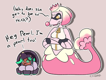 after_transformation breasts crown dialogue duo female feral fin green_eyes headgear medium_breasts pink_nose pseudo_hair simple_background species_transformation tentacle_hair tentacles text transformation yellow_eyes chabble nintendo pokemon splatoon marina_(splatoon) pearl_(splatoon) aquatic bivalve clam clamperl generation_3_pokemon generation_7_pokemon mollusk pokemon_(species) primarina english_text hi_res