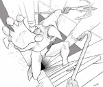 anthro bird's-eye_view crowbar disembodied_hand duo falling fight first_person_view foreshortening high-angle_view ladder male solo_focus tools thatoldrobot ruby_quest ace_(rq) avian bird digital_drawing_(artwork) digital_media_(artwork) greyscale monochrome