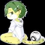 ball black_background clothing feet green_eyes green_hair hair male mascot simple_background sitting soccer_ball solo text white_clothing yellow_body zakumi humanoid hi_res translated