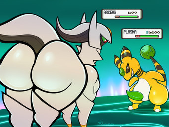 ambiguous_gender anthro big_butt butt erection feral gameplay_mechanics genitals gui health_bar huge_butt male penis toothy_grin toothy_smile softestpuffss nintendo pokemon plasma_(plasma_dragoon) ampharos arceus generation_2_pokemon generation_4_pokemon legendary_pokemon pokemon_(species) hi_res