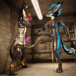 alternative_fashion animal_genitalia animal_penis anthro anthro_on_anthro arms_tied armwear attack ball_squeeze ballbusting ballbusting_induced_orgasm balls bdsm biped black_body black_boots black_clothing black_footwear black_fur black_shoes blue_body blue_fur blue_penis bodily_fluids bondage boots bottomwear bound canine_genitalia canine_penis claws clothed clothing cock_and_ball_torture crotch_attack crotch_kick cuffs_(clothing) cum cum_dripping_from_penis cumshot depth_of_field dominant duo ejaculation erection footwear fur gag gagged genital_fluids genital_torture genitals goth goth_boots grey_body grey_fur hair inside jacket kick kicking_another kicking_balls knot latex latex_armwear latex_clothing latex_legwear latex_thigh_highs leather leather_boots leather_bottomwear leather_clothing leather_footwear leather_jacket leather_pants leather_topwear legwear male male/male multicolored_body muscular muscular_male open_mouth pain pants paws penis punk_boots reflection restraints sex shoes slim slim_anthro slim_male slim_sub smile standing submissive submissive_male tail thigh_highs topwear white_body white_fur dragonplayer dragonplayer_(character) nurse_nozzle canid canine canis fox hybrid jex mammal rexouium 1:1 3d_(artwork) absurd_res blender_(artwork) blender_cycles_(artwork) digital_media_(artwork) hi_res