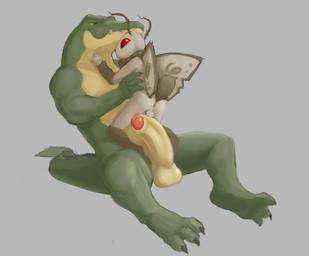 anthro anus balls big_penis butt duo erection foreskin genitals grey_background humanoid_genitalia humanoid_penis male male/male nude penis simple_background sitting size_difference thick_penis wings twang rowan_(twang) alligator alligatorid arthropod crocodilian insect lepidopteran moth reptile scalie