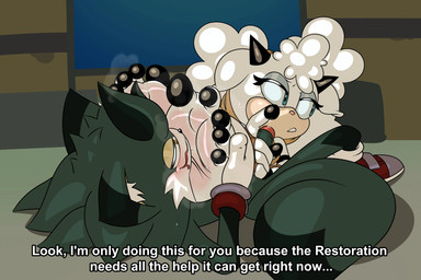 2_horns 5_toes anthro black_horn black_toes blush body_blush dialogue duo erection feet female foot_blush foot_fetish foot_focus foot_on_face foot_sniffing fur genitals green_body green_fur handjob horn humanoid_feet humanoid_genitalia humanoid_penis looking_away lying male male/female musk musky_feet on_back penile penis plantigrade sex smelly smelly_feet sniffing tail talking_to_another text toes white_body white_fur artguyidk idw_publishing sega sonic_the_hedgehog_(comics) sonic_the_hedgehog_(idw) sonic_the_hedgehog_(series) fan_character lanolin_the_sheep_(sonic) bovid canid canine caprine fox mammal sheep 3:2 english_text hi_res