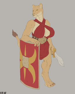 anthro belt big_breasts breasts brown_belt clothed clothing female fur grey_background holding_melee_weapon holding_object holding_sword holding_weapon melee_weapon mouth_closed orange_eyes red_clothing shield simple_background solo standing sword tail tail_tuft tan_body tan_breasts tan_fur text tuft weapon upai felid lion mammal pantherine 4:5 artist_name colored_sketch full-length_portrait hi_res portrait sketch