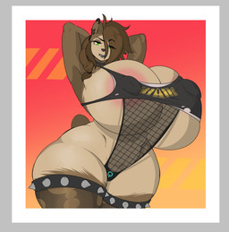 anthro areola big_breasts border breasts brown_body brown_fur brown_hair choker ear_piercing eyebrows eyelashes facial_piercing female fur green_eyes grey_border hair hands_behind_head huge_breasts hyper hyper_breasts jewelry lip_piercing lips necklace piercing pink_areola solo tail thick_bottom_lip thelazydreamer tenna_cale bear mammal 2026 absurd_res hi_res