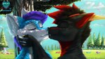 anthro claws cloudthefox day duo eyes_closed hair horn kiss_on_lips kissing light machine male male/male plant purple_hair shadow sunlight teeth tree heartermobs skarlax arctic_fox canid canine fox hybrid mammal protogen sergal true_fox 16:9 2023 digital_media_(artwork) digital_painting_(artwork) hi_res painting_(artwork) widescreen