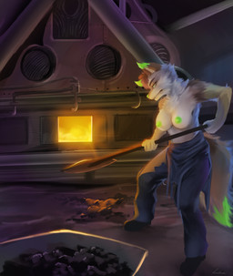 anthro boiler boiler_room boots breasts clothed clothing coal coveralls female fire footwear green_eyes green_nipples green_nose nipples partially_clothed shoes shovel solo tools topless keidraws jamie_(mistah_novikov) canid canine canis coyote mammal absurd_res hi_res