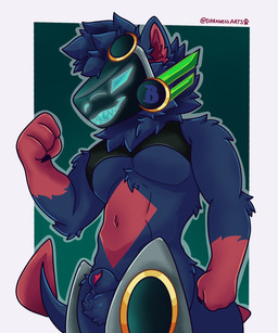 animal_genitalia anthro athletic balls blue_body blue_fur fur genitals looking_at_viewer machine male muscular pecs penis penis_tip red_body red_fur sheath solo visor darkness_arts fox_becket canid canine mammal protogen 5:6 absurd_res hi_res