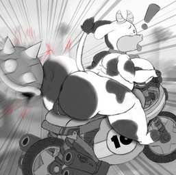 anthro bell bell_collar big_breasts big_butt bodily_fluids breasts butt butt_jiggle clitoris cloven_hooves collar cowbell cowbell_collar detailed_background dot_eyes exclamation_point eyebrows female fur genitals hooves horn jiggling markings motion_lines motorcycle nipples open_mouth outside radial_speed_lines riding_motorcycle shell simple_eyes sitting solo speed_lines spiked_shell spikes spikes_(anatomy) spiny_shell_(mario_kart) spots spotted_body spotted_fur surprised tail tail_tuft tears tears_of_pleasure text tongue tongue_out tuft vehicle vulva insecureflaky mario_bros mario_kart mario_kart_world nintendo moo_moo_meadows_cow bovid bovine cattle dairy_cattle holstein_friesian_cattle mammal 2025 artist_name dated hi_res monochrome signature