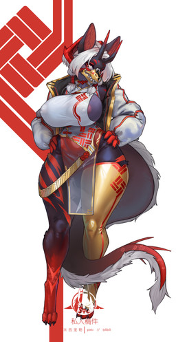 anthro areola areola_slip big_breasts black_body black_fur breasts clothing female form_fitting fur fur_markings fur_tuft glistening glistening_clothing glistening_eyes glistening_legwear glistening_thigh_highs glistening_thighs hair hands_on_hips horn inner_ear_fluff jacket legwear logo looking_at_viewer markings nipple_outline puffy_jacket red_body red_eyes red_fur side_boob solo tail text thigh_highs tight_clothing topwear tuft white_hair shanher canid canine canis mammal wolf absurd_res chinese_text english_text hi_res